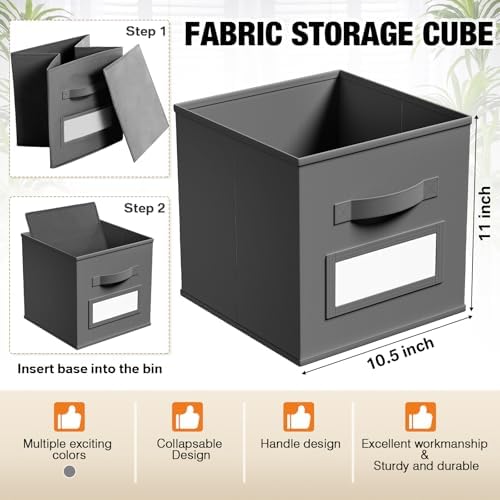 Teenyyou 10 Pack Fabric Storage Cubes 11 Inch Collapsible Cube Bins with Label Window & Handle Foldable Organizers Baskets for Shelf Closet Nursery Kids Room Clothes Book Toy(Gray) - Image 3