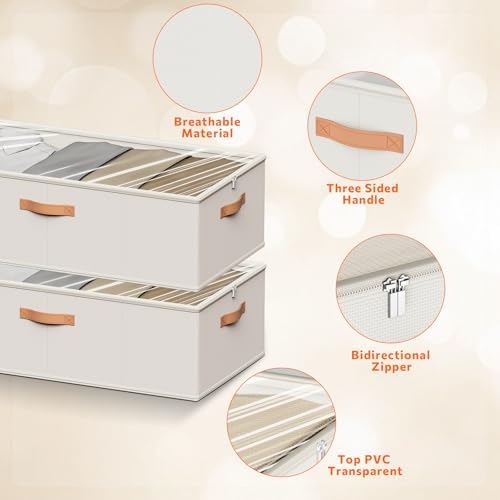 10inch 3 Pack Under Bed Storage Containers, 10 Inch Tall Underbed Clothes Storage Organizer Bin with Clear Window，Foldable Box Basket for Clothes, Closet, Bed Sheets and Blankets White - Image 5