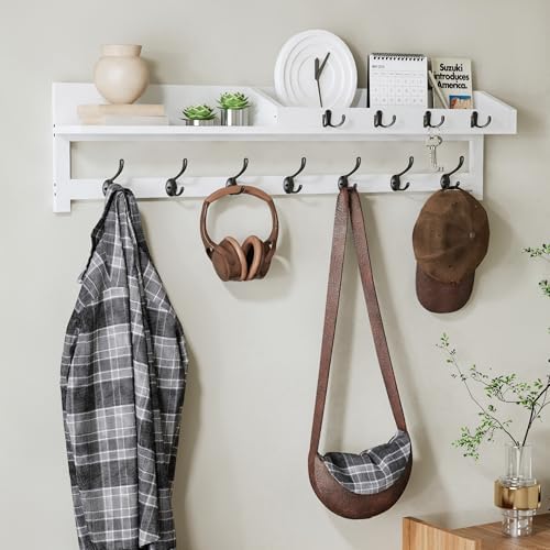 AMBIRD 35 inch Coat Rack Wall Mount, Extra Long Coat Hooks Wall Mount, Entryway Shelf with 7 Dual Coat Hooks 4 Key Hooks Mail Organizer, Wooden Wall Coat Rack with Hooks, Key Holder Rack (White) by AMBIRD