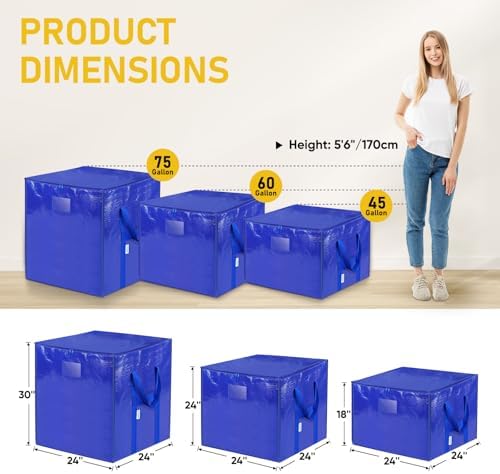TICONN 6 Pack Extra Large Moving Bags with Zippers & Carrying Handles, Heavy-Duty Storage Tote Moving Boxes for Space Saving (6 PK, 45 Gallon) - Image 5