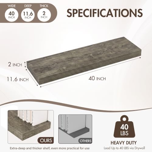 Acovy 40 Inch Floating Shelves, 12" Deep Floating Shelf Wall Mounted, 40" Wall Shelves, Rustic Deep Bookshelf, Extra Deeper & Thicker Display Shelves for Bedroom, Living Room, Set of 2 - Image 3