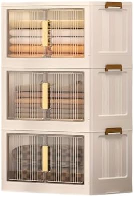 Storage Bins with Lids, 3 Tier 180 QT Stackable Plastic Storage Bins, Foldable Storages Boxes with Magnetic Doors and Wheels for Clothes, Snacks, Books, Folding Containers for Home Office by Naviconvex