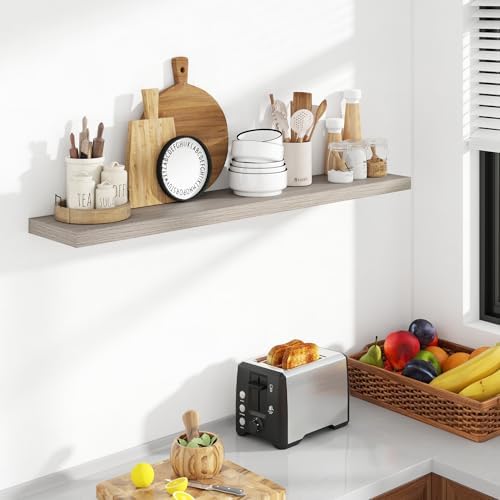 Acovy 48 Inch Floating Shelves, 8 Inch Deep Floating Shelves for Wall, Hanging Shelf with Invisible Brackets, Deep Shelves for Bathroom, Bedroom, Living Room, Grey, Set of 1 - Image 2