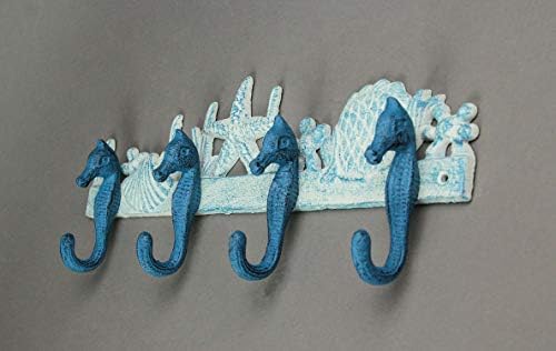 Zeckos Seahorse Wall Hook Rack, 15 Inch Blue and White Cast Iron - Image 2