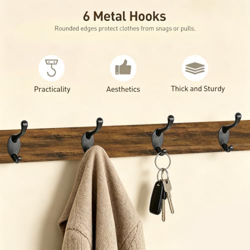 RALGEND 29" Coat Rack Wall Mount Shelf, Entryway Wall Shelf with 6 Metal Hooks, Coat Hangers for Living Room, Modern Wooden Floating Shelves for Bathroom, Bedroom, Kitchen, Rustic Brown 7401BJR1BF - Image 6