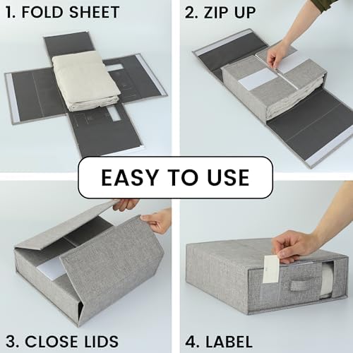 Simple&Opulence 4 Pack Bed Sheet Organizers and Storage, Linen Closet Organizers, Sheets Set Folder Storages with Window and Label (Queen/King Size) Organizing Bedding Container, Grey - Image 4