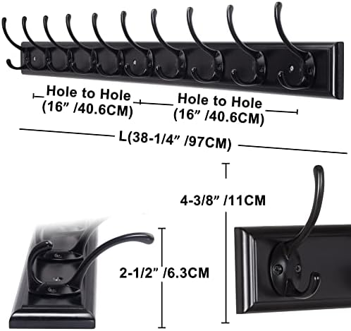 Dseap Coat Rack Wall Mounted: 10-Hooks, 38-1/4" Long, 16" Hole to Hole, Wood Coat Hooks Wall Mounted, Hook Rack, Hook Rail, Hooks for Hanging Coats, Black - Image 2
