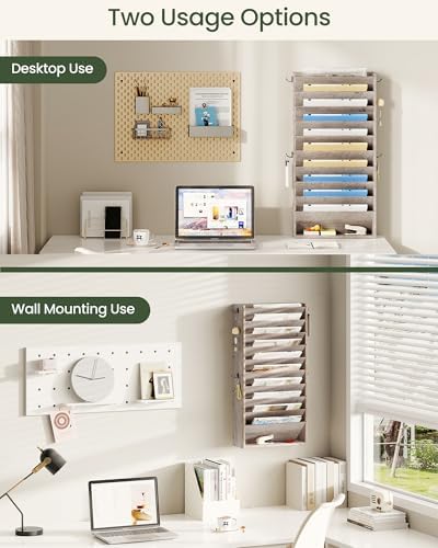 CHOEZON Wall File Organizer, 10-Tier Hanging Mail Organizer, Wall Mount File Holder with 4 Side Hooks, Industrial Mail and Storage Organizer, Wooden Vertical Hanging Holder for Office, Greige MWJ03FH - Image 5