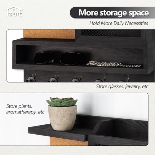 Key Holder for Wall with Mail Organizer,Farmhouse Mail and Key Holder for Wall,Key Hanger with ‌Metal 11 Hooks,Corkboard,and Shelf,Decorative Natural Pine Wood Entryway Organizer,14.6*11.1*3.3”,Black - Image 3