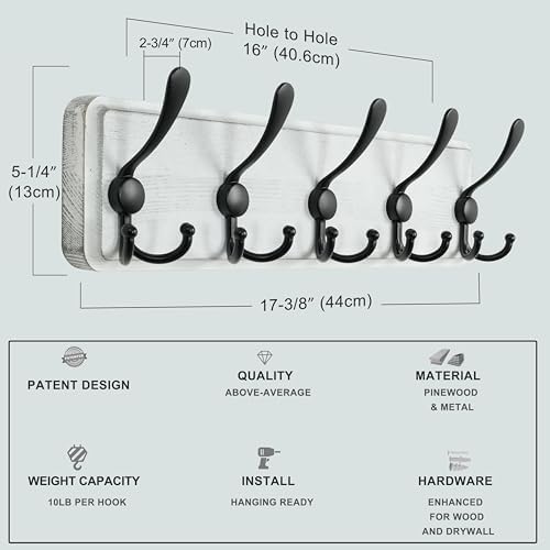 Dseap Coat Rack Wall Mounted - 5 Tri Hooks, Heavy Duty, Wooden Wall Coat Hanger Coat Hook for Clothes Hat Jacket Clothing, Black, Pack of 2 - Image 6