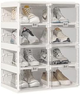 ANTBOX Foldable Shoe Rack,Shoe Organizers for Closet Plastic Shoe Storage Box Space Saving For Entryway, Large Sturdy Stackable Sneaker Cabinet Bins With Magnetic Clear Door 4 Tiers 8 Pairs by ANTBOX