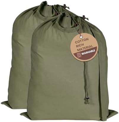 LFH Home Large Premium Cotton Rich Canvas Laundry Bag with Drawstring and Handles Heavy Duty, Multi-Use, and Washable for Home, Travel, College or Storage 20x30 (Pack of 2)-Military Green by LFHHomePrivateLimited