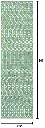 Eyely Moroccan Woven Runner Rug 2X8 Green/Cream, Indoor Outdoor Rug - Image 2