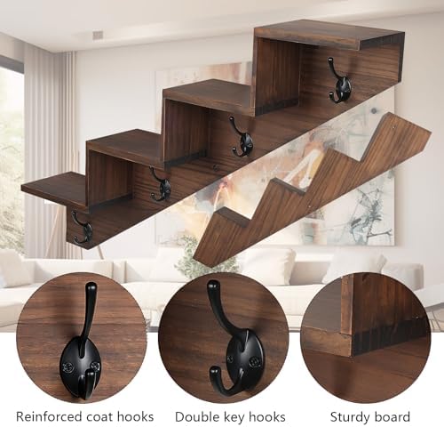 Hookmous Coat Rack Wall Mount with Shelf, Brown Wall Shelf with Hooks, Sturdy​​ Wooden Rise Staircase Shelves, Space-Saving Decorative Organizer for Entryway, Mudroom, Hallway, Living Room, Bedroom - Image 7
