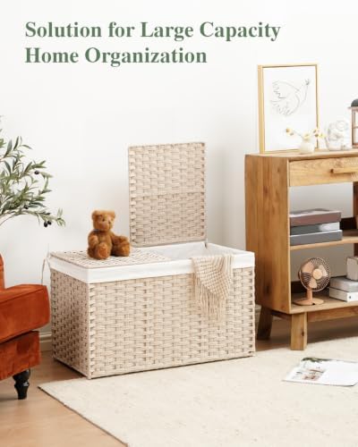 SETVSON Storage Basket with Lid 160L Wicker Baskets Storage Light Khaki - Image 3