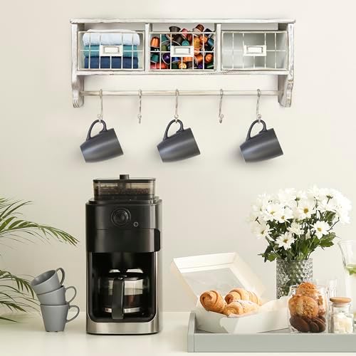 BizChair Wall Mounted Storage Rack - Whitewashed Solid Pine Wood - 24 Inch - Upper Shelf - 5 Hooks - Wire Baskets - For Entryway, Kitchen, Bathroom - Image 5