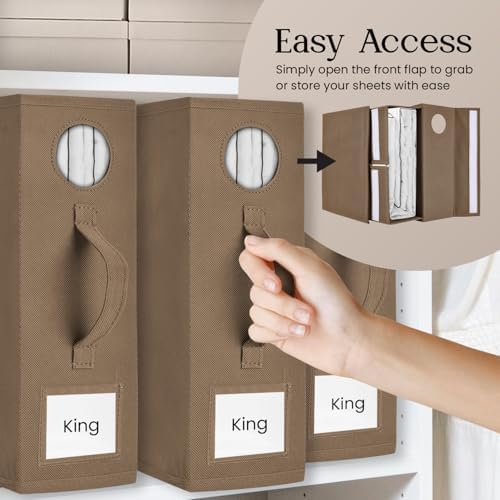 TOSORO 6 Pack Bed Sheet Organizer and Storage, Foldable Storage Bed Sheet Organizer for Linen Closet with Viewing Window & Label for Bedding Sheets & Blankets (Queen & King Size) Taupe - Image 3