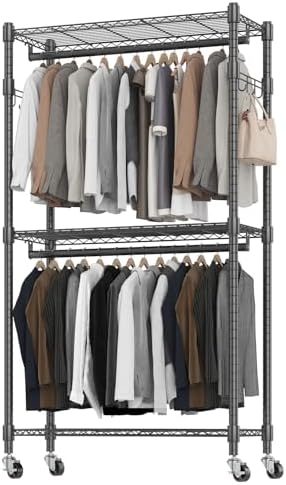 BATHWA Rolling Tall Garment Rack with 2 Rods & 3-Tier Adjustable Shelves, 35.5" W x 16.5" D x 80.7" H, Heavy Duty Clothes Hanging Racks Portable Wardrobe Closet Organizer for Bedroom, Laundry, Black by BATHWA