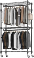 BATHWA Rolling Tall Garment Rack with 2 Rods & 3-Tier Adjustable Shelves, 35.5" W x 16.5" D x 80.7" H, Heavy Duty Clothes Hanging Racks Portable Wardrobe Closet Organizer for Bedroom, Laundry, Black by BATHWA