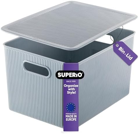Superio Ribbed Collection - Decorative Plastic Basket Open Home Storage Bins Organizer, Blue Containers for Organizing Closet Storage Bins for Shelves (Bin with Lid- Extra Large (22 Liter), 1 Pack) by Superio