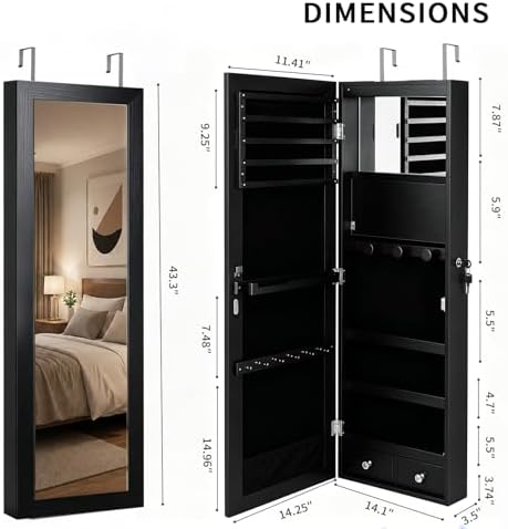 6 LEDs Mirror Jewelry Cabinet, Over the Door Jewelry Organizer with Full Length Mirror, Wall Mounted or Door Hanging Jewelry Box with Storage - Image 4