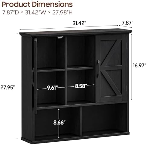 Vabches Bathroom Wall Cabinet, Farmhouse Medicine Cabinet with Double Barn Door and Adjustable Shelves, Wooden Vintage Storage Cabinet Wall Mounted for Bathroom, Kitchen Dining, Rustic Black - Image 2