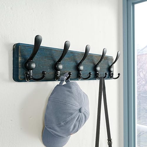 Dseap Coat Rack Wall Mount - Heavy-Duty Robust Barnwood-Style Wooden Wall Coat Hanger Hook Rail with 5 Triple Hooks for Winter Coats Hat Jacket Clothing, Weathered Blue & Black, Pack of 2 - Image 7