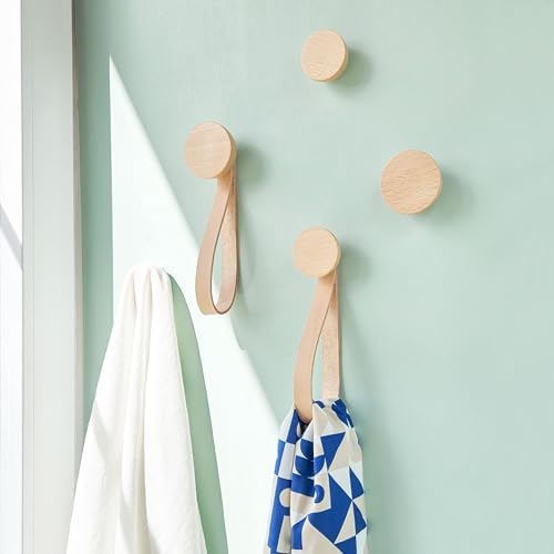 Round Solid Beech Wood Coat Hook + Genuine Leather Strap - Set of 2 (2.3 inch Diameter), for Entryway, Bathroom, Bedroom, Kitchen, and Office - Image 2