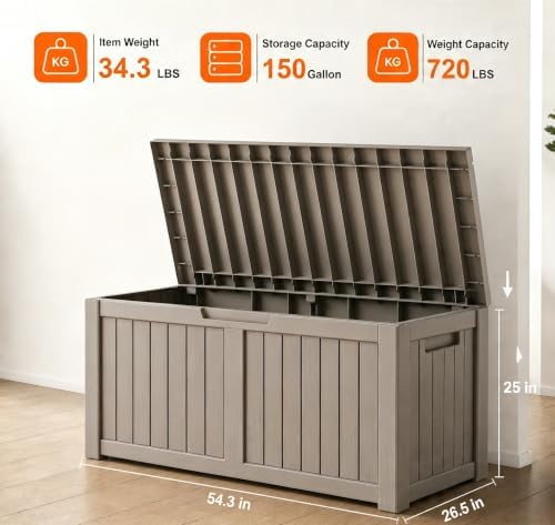 LAUSAINT HOME 150 Gallon Resin Deck Box, Package Delivery Box with Lockable Lid, Waterproof Outdoor Storage Box For Garden Tools, Patio Cushions(150 Gallon,Grey) - Image 2