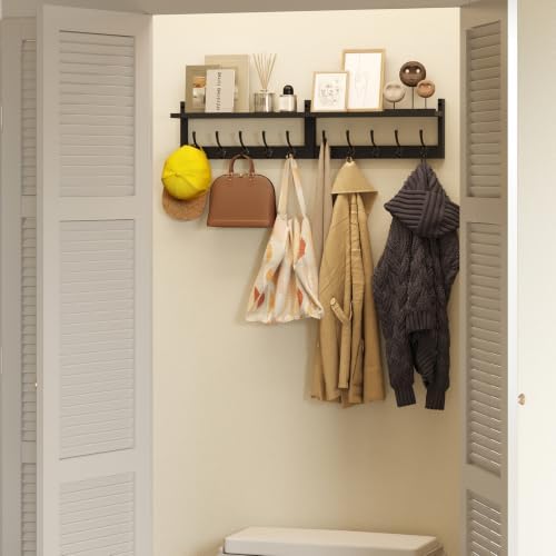 AMBIRD 34.2" Extra Long Wooden Wall Hook Rack with Shelf - Versatile and Decorative Wall-Mounted Storage with 10 Hooks for Coats, Hats, Keys - Ideal for Entryways, Bedrooms, Closets (Stylish Black) - Image 3