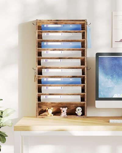 CHOEZON Wall File Organizer, 10-Tier Hanging Mail Organizer, Wall Mount File Holder with 4 Side Hooks, Mail and Storage Organizer, Wooden Vertical Hanging Holder for Office, Rustic Brown MWJ03FG - Image 6