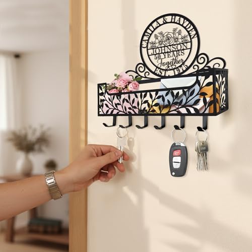 Personalized Metal Last Name Anniversary Key and Mail Holder, Wall Mount Entryway Organizer with Hooks, Custom Family Name Key Rack for Kitchen, Bathroom, and Home Storage - Image 6