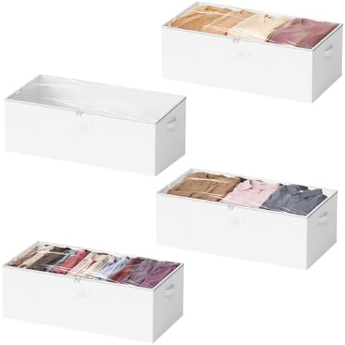SpaceAid 4 Pack 10" High Under Bed Storage Containers, Large Underbed Storage Organizer Bins with Lids for Bedroom, Dorm, Clothes, Closet Organization, Bed Sheets and Blankets (White) by SpaceAid
