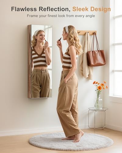 Nicetree Mirror Jewelry Cabinet, Full Length Mirror, Wall Mounted, Oak - Image 2