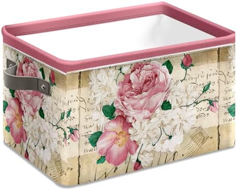 Vintage Rose Floral Foldable Baskets Storage Bins with Handles, Decorative Cloth Organizer Storage Boxes 2 sets - Image 3