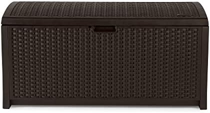 Suncast Outdoor Storage Box - 73 Gallon Mocha Brown Deck Box for Patio, weather-resistant Outdoor Storage Bench, Resin Wicker Style, Heavy-Duty, Lockable Lid for Cushions, Shoes, Pool & Garden Gear - Image 6