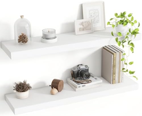 Acovy 30 Inch Floating Shelves, 8 Inch Deep Floating Shelves for Wall, Hanging Shelf with Invisible Brackets, Deep Shelves for Bathroom, Bedroom, Living Room, White, Set of 2 by Acovy