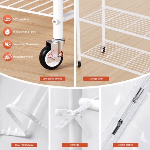 Univivi Rolling Clothes Rack with Clear Dust Cover and Bottom Storage Shelf - Image 5