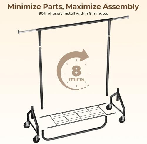 HYSEYY Heavy-Duty 450LBS Capacity Metal Clothes Rack，Rolling Clothing Rack with Wheels & Shelves, Portable Standing Wardrobe Rack for Hanging Clothes, Black (Black, L) - Image 6