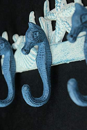 Zeckos Seahorse Wall Hook Rack, 15 Inch Blue and White Cast Iron - Image 4