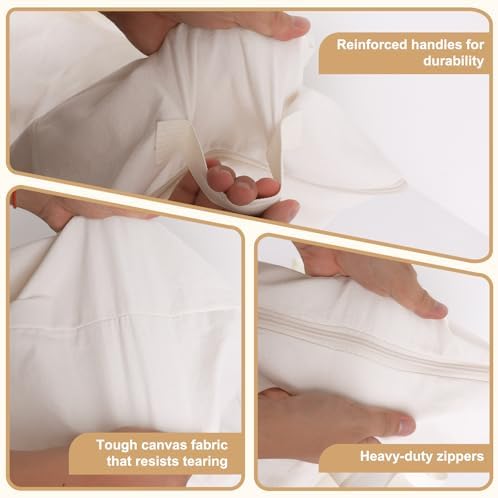 Soft Large Canvas Storage Bags with Zipper. Thick Breathable. Four Carrying Handles and Window. Cotton Linen Storage for Pillows, Quilt, Blankets and Comforter, 80L, Beige - Image 5