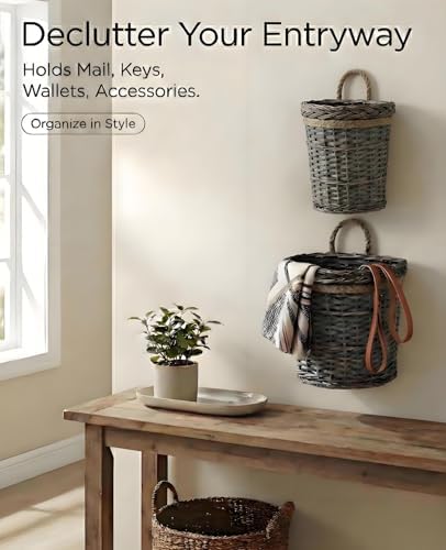 AceList 2-Pack Woven Wicker Wall Hanging Baskets, Grey Willow Wall Pocket Decor for Faux Florals & Storage - Two sizes Nesting Farmhouse Baskets for Entryway, Living Room & Door - Image 5