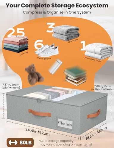 TOSKING 2-Pack Under Bed Storage Bins with Wheels, 4 Vacuum Bags, Heavy Duty 80 lbs, 7.9" Height, 47L Clear Lid Organizer, Space Saver for Dorm Bedroom Clothes Shoes Toys, Quick Assembly, Gray - Image 4