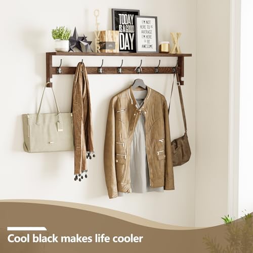AMBIRD Coat Rack Wall Mount, 35 Inch Extra Long Wall Hooks with Hanging, Wooden Shelf with 7 Metal Hooks 2 Side Hooks, Wall Key Holder with Shelf in Entryway, Kitchen, Bathroom, Living Room, Bedroom - Image 6