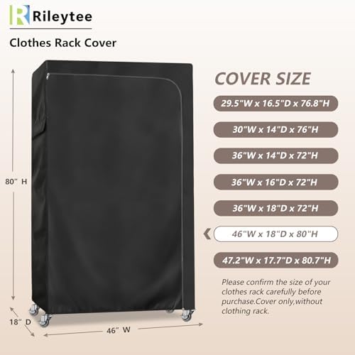 Rileytee Garment Rack Cover,600D Heavy Duty Waterproof Clothing Rack Cover,Clothes Rack Cover with Zipper for Metal Garment Rack(Black,46"W x 18"D x 80"H,Cover Only） - Image 2
