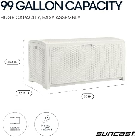 Suncast 99 Gallon Wicker Horizontal Outdoor Deck Box with Hinged Lid, Water-Resistant Storage Solution for Patio, Deck, Yard, and Garage, White, Made in the USA - Image 4