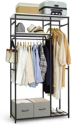 CAPHAUS 550 lbs Capacity Heavy Duty Clothing Rack, 40" W Metal Garment Rack with Drawers Hanging Rods and Wood Shelves Freestanding Closet Organizer, White Board by CAPHAUS