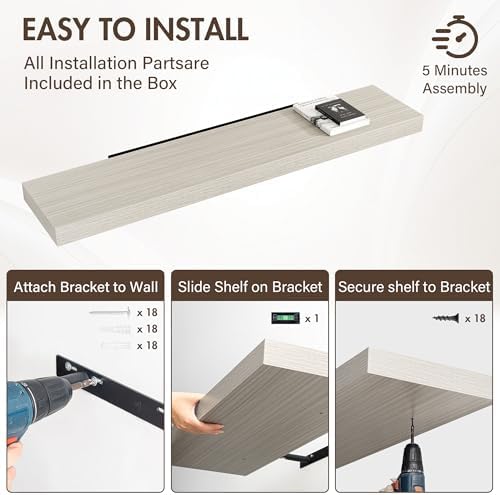 Acovy 55 Inch Floating Shelves, 12" Deep Floating Shelf Wall Mounted, 55" Wall Shelves, Rustic Deep Bookshelf, Extra Deeper & Thicker Display Shelves for Bedroom, Living Room, Gray, Set of 2 - Image 6