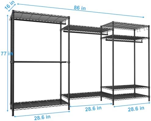 Ulif E13 Max Heavy Duty Clothes Rack（With 4 Hanger Rods & 8 Shelves） Freestanding Clothing Racks for Hanging Clothes，Adjustable Closet，Metal Garment Rack 86" W x16 D x77 H，Max Load 1100LBS，Black - Image 2