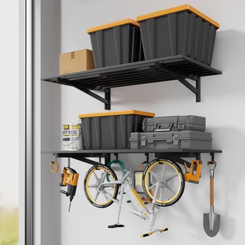 Jusgym 2 Pack Garage Shelving Wall Mounted with 8 Hooks, 2x4ft, 500lbs by Jusgym